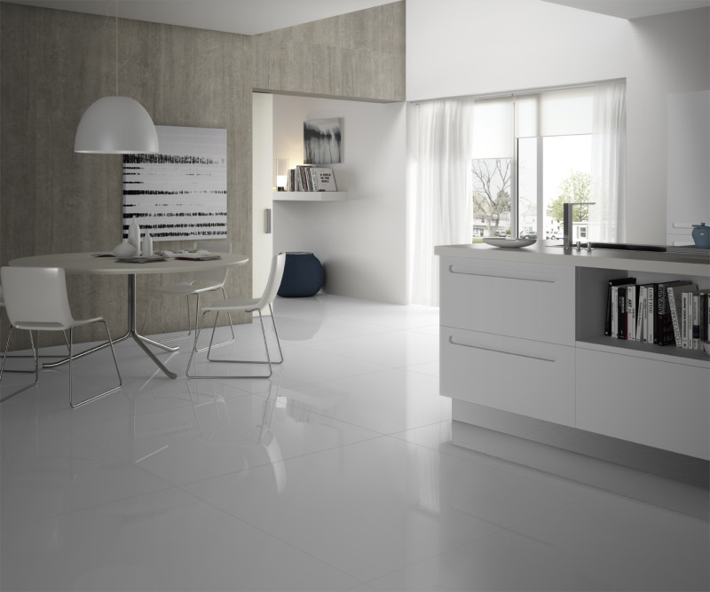 Blank Kitchen setting using White High Gloss Polished Tile