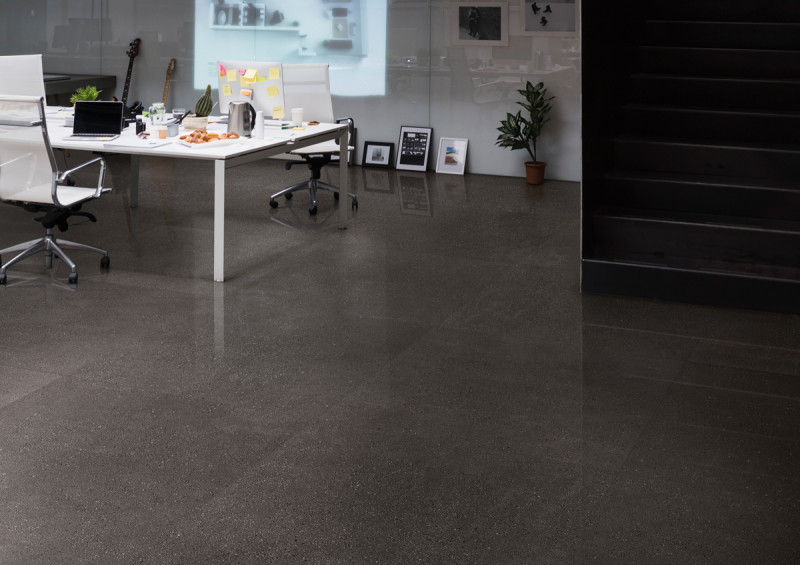 Technical Concrete office setting with Dark Grey Tile